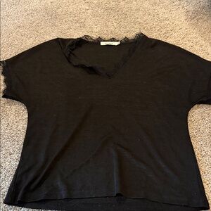 Chic Black V-Neck Lace Trim Tee